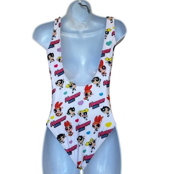 PowerPuff Girls White One Piece Swimsuit SMALL High Cut Cartoon Network Rare - Picture 4 of 6